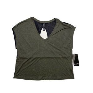 ASKYA Olive Green Black Keyhole Mesh‎ Back Top Large NEW